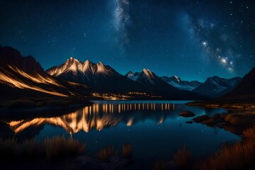 Night landscape with a mountain lake and a starry sky
