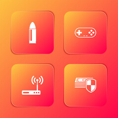 Set Bullet, Gamepad, Router and wi-fi and Money protection icon. Vector