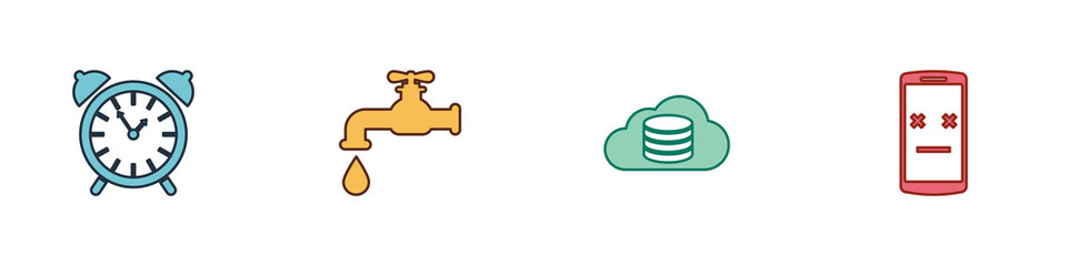 Set Alarm clock, Water tap, Cloud database and Dead mobile icon. Vector
