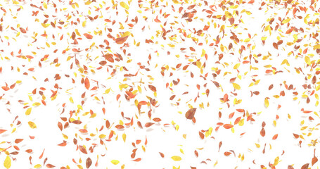 Autumn leaves blown away by wind and roll on the ground. White background and cast shadows. 3D rendering.