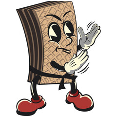 vintage chocolate wafer character mascot with funny face practicing martial arts and wearing belt, isolated cartoon vector illustration. emoticon, cute vintage wafer mascot