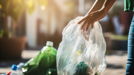 Environmental pollution problem, plastic waste. Volunteers collect trash in bags, clean up in the national park, and take care of nature. Ecology concept.