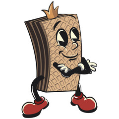vintage chocolate wafer mascot character with funny face folded hands wearing king crown, isolated cartoon vector illustration. emoticon, cute vintage wafer mascot