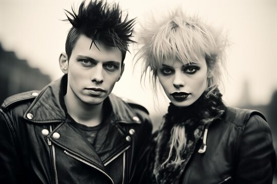 a vintage photo of an alternative couple from 80s: two people a woman and a man with punk hairstyle wearing leather jackets an posing for a photo, black and white