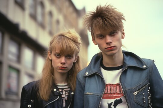 a vintage photo of an alternative couple from 80s: two people a woman and a man with punk hairstyle wearing leather jackets an posing for a photo