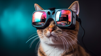 Headshot portrait photo of adorable cat wearing VR goggles watching movie. Animal character technology concept.