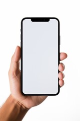 Mockup image of a hand holding a black smartphone with a white screen