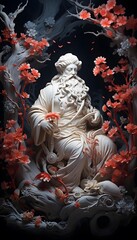 Chinese porcelain statue on black background with red flowers in the foreground
