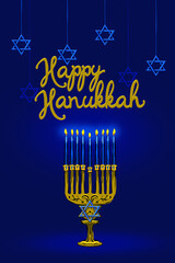 dark-blue vertical Greeting card for Hanukkah with lettering and Menora - obrazy, fototapety, plakaty