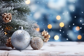 Naklejka na ściany i meble Christmas background. Christmas tree with snow and hanging balls. Generative AI