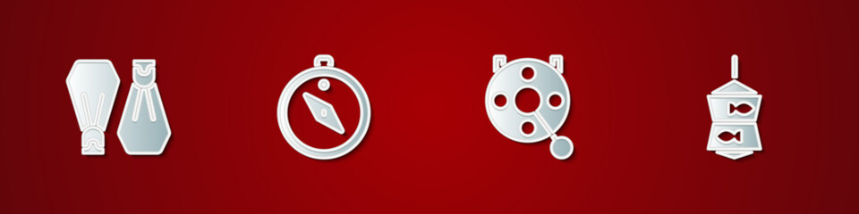 Set Rubber flippers for swimming, Compass, Spinning reel fishing and Fishing net with icon. Vector © vector_v