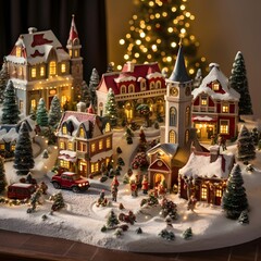 Miniature town with christmas tree in the background. Christmas and New Year concept
