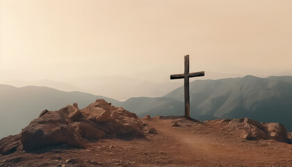 Wooden cross on the top of the mountain on New Year's Eve or Christmas - obrazy, fototapety, plakaty