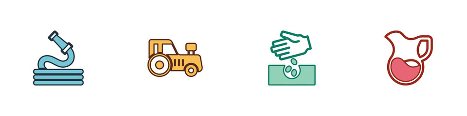 Set Garden hose, Tractor, Seeds and Jug glass with milk icon. Vector