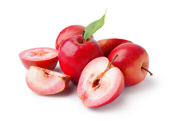 Sweet pink apples with leaf on white background