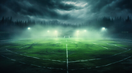 Football arena with gates, grass field and blurred fans. Lanterns. Outdoor sports concept, championship, play space.