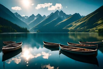 Rowboats moored in lake against mountains range - obrazy, fototapety, plakaty