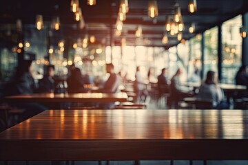 Blurred background. Retro cafe bar in modern decor. Bokeh ambiance. Abstract urban dining lifestyle at night. Vintage wooden counter. Bar design