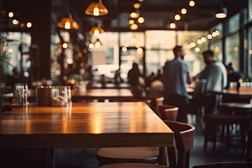 Blurred background. Retro cafe bar in modern decor. Bokeh ambiance. Abstract urban dining lifestyle at night. Vintage wooden counter. Bar design - Powered by Adobe