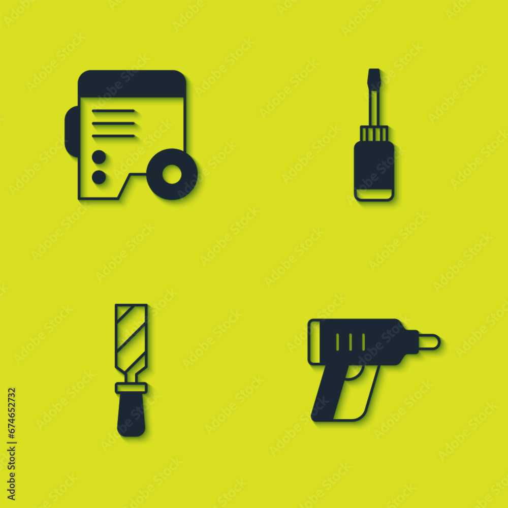 Wall mural Set Power electric generator, Electric cordless screwdriver, Rasp metal file and Screwdriver icon. Vector