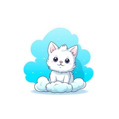 Cute white kitten on the backdrop of blue cloud isolated on white background, cartoon style.