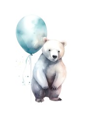 Cute arctic white bear with blue balloon on white background in watercolor style.