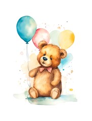 Cute teddy bear with balloons on white background in watercolor style.