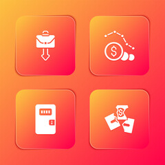 Set Briefcase, Dollar rate decrease, Prison cell door and Tearing money banknote icon. Vector