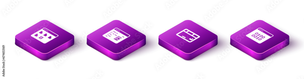 Sticker set isometric browser files, software, keyboard and binary code icon. vector