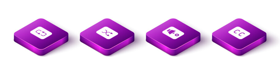 Set Isometric Repeat button, Arrow shuffle, Speaker volume and Subtitles icon. Vector
