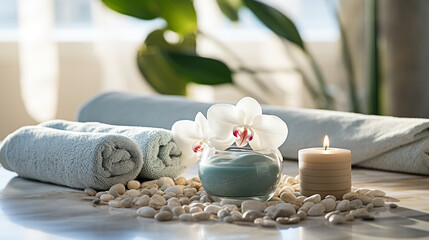 Fototapeta na wymiar Aesthetically Pleasing Spa Salon Background in Soft Tones: Showcasing Plush Towels, Orchid Flowers, Candles, Creating a Relaxing and Blissful Atmosphere