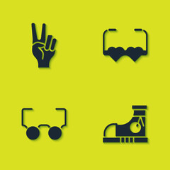 Set Peace symbol, Sneakers, Glasses and Heart shaped love glasses icon. Vector