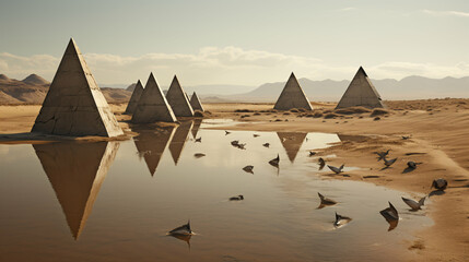 Mirrored Desert Pyramids Reflecting in Oasis with Birds