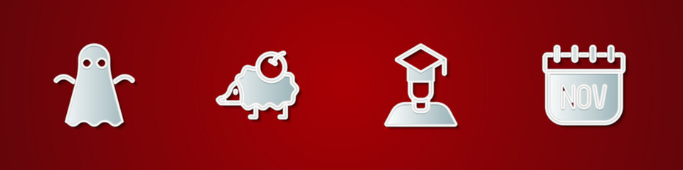 Set Ghost, Hedgehog, Graduate and graduation cap and November calendar autumn icon. Vector