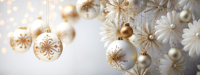 Glittering christmas ornaments on white background: A celebration of culture and holiday spirit. With copyspace.