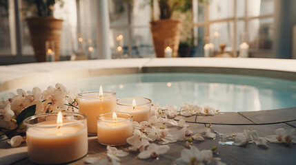 Obraz na płótnie Canvas Aesthetically Pleasing Spa Salon Background: Featuring a Relaxing Pool, Orchid Flowers, Candles, and the Blissful Atmosphere of Tranquility