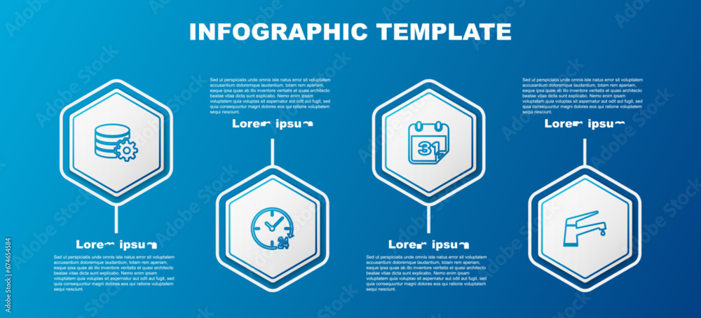 Sticker Set line Setting database server, Clock 24 hours, Calendar and Water tap. Business infographic template. Vector