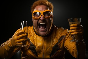 Comic portrait of a fat redhead bearded man in yellow superhero costume wearing eyeglasses with two glasses of beer. Funny smiling dude portrays the friendly Superman and proposing a toast. - obrazy, fototapety, plakaty