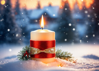 Photo of the candle in the snow on the blurred bokeh background