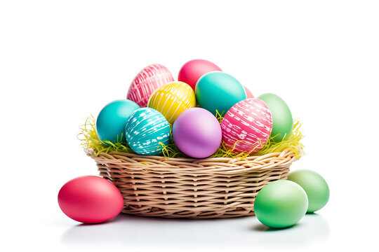 colorful painted easter eggs isolated on white background in straw basket