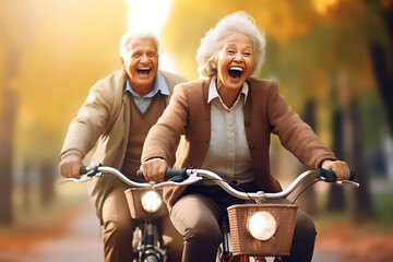 happy couple of elderly people ride bicycles in the park together, senior family spend time...