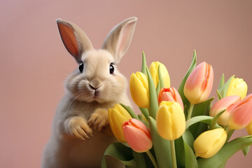 Fototapeta premium funny easter bunny with tulip flowers isolated on a neutral background