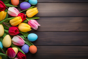 spring background for  copy space text with colorful tulips and painted easter eggs