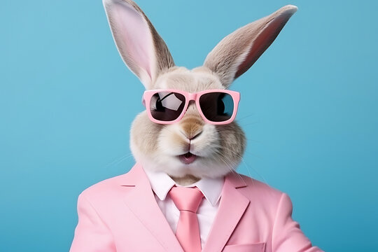 Anthropomorphic funny Easter bunny in human clothes isolated on a neutral background