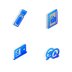 Set Isometric line Cover book travel guide, Ticket, Laptop with ticket and Translator icon. Vector