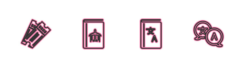 Set line Ticket, Translator book, Cover travel guide and icon. Vector