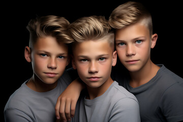 portrait of three serious teenage triplets brothers isolated on dark background - obrazy, fototapety, plakaty