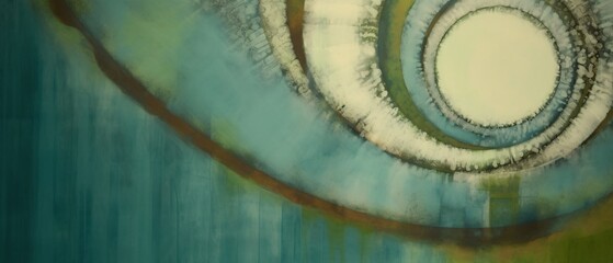 Washed out rustic yellow and faded turquoise green colors with circle patterns, grunge texture abstract art inspired by ammonite shells spirals. 