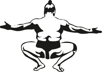 Cartoon Black and White Isolated Illustration Vector Of A Sumo Wrestler Squatting