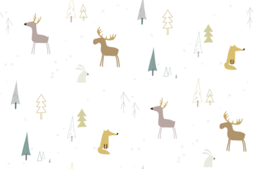 Behangcirkel Winter seamless pattern with forest animals © 1Viktoria